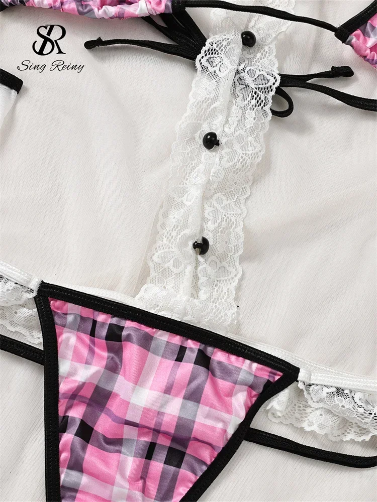 SINGREINY-uniforme Sexy para discoteca, conjuntos de peleles ajustados con cordones, monos ajustados, trajes de Cosplay para mujer, monos eróticos con cuello Halter empalmados de encaje