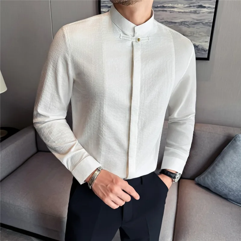 

Мужская рубашка в китайском стиле с воротником-стойкой, скрытыми пуговицами, однотонная, повседневная, приталенная, с длинным рукавом, высококачественная мужская одежда