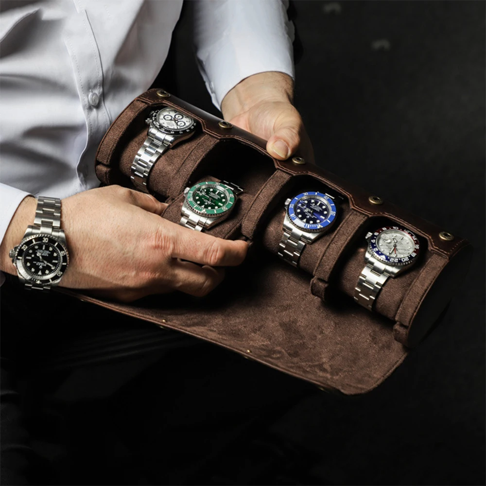 4-Slot Watch Roll Travel Case Portable Vintage Leather Watch Display Case Watch Storage Box Watch Organizers of Men Gift