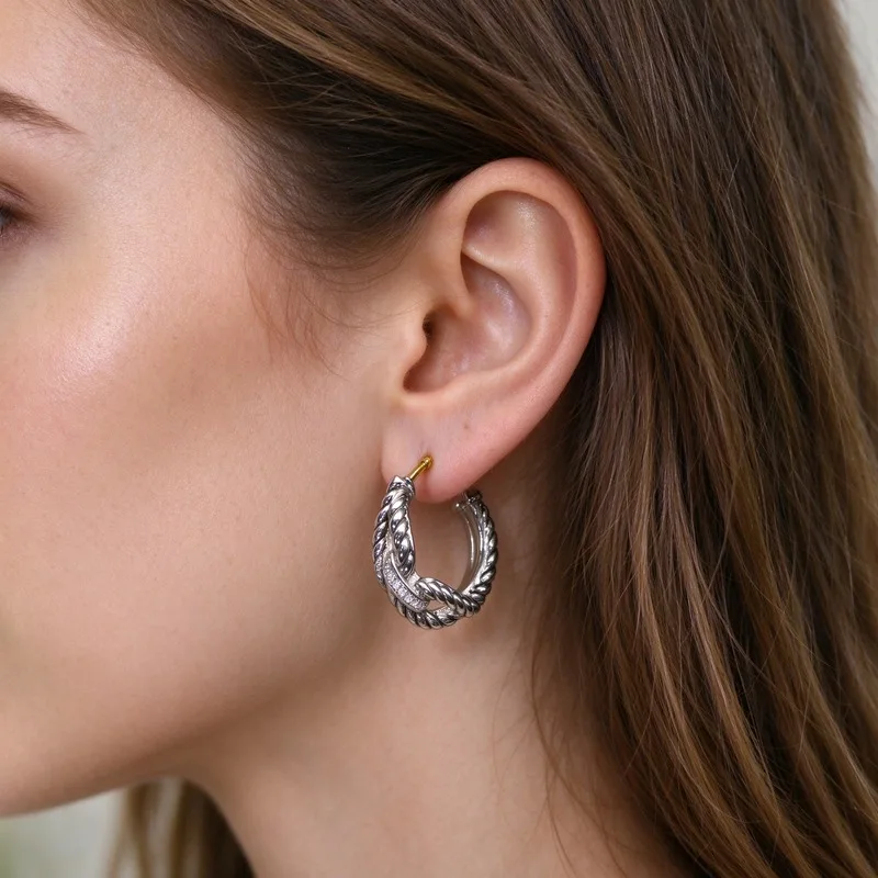 Twisted Cable CZ Hoop Earrings for Women, CShape Knot Design Pave Cubic Zirconia Accents,Silver Tone Alloy Earrings Gold Post, BraidedTexture Sparkling Stones, Secure Backing,Elegant Trendy Jewelry Gift for Her, Daily WearOffice Party Date, Sparkling