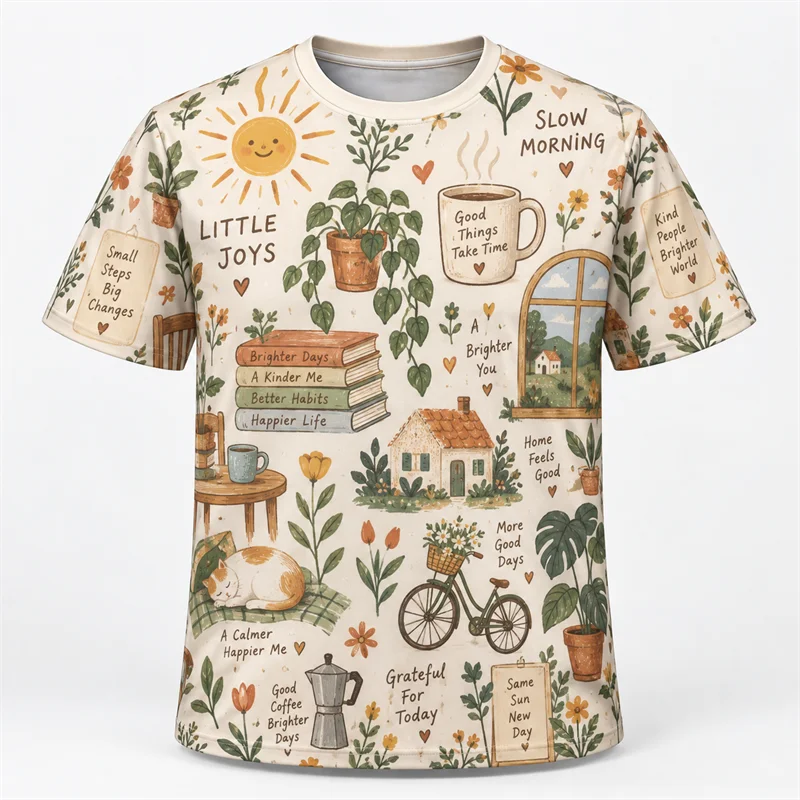 Colorful Doodle Graphic T Shirt Men Women Travel Cat Ocean Space Music Food 3D Print Short Sleeve Casual Summer Streetwear Tee