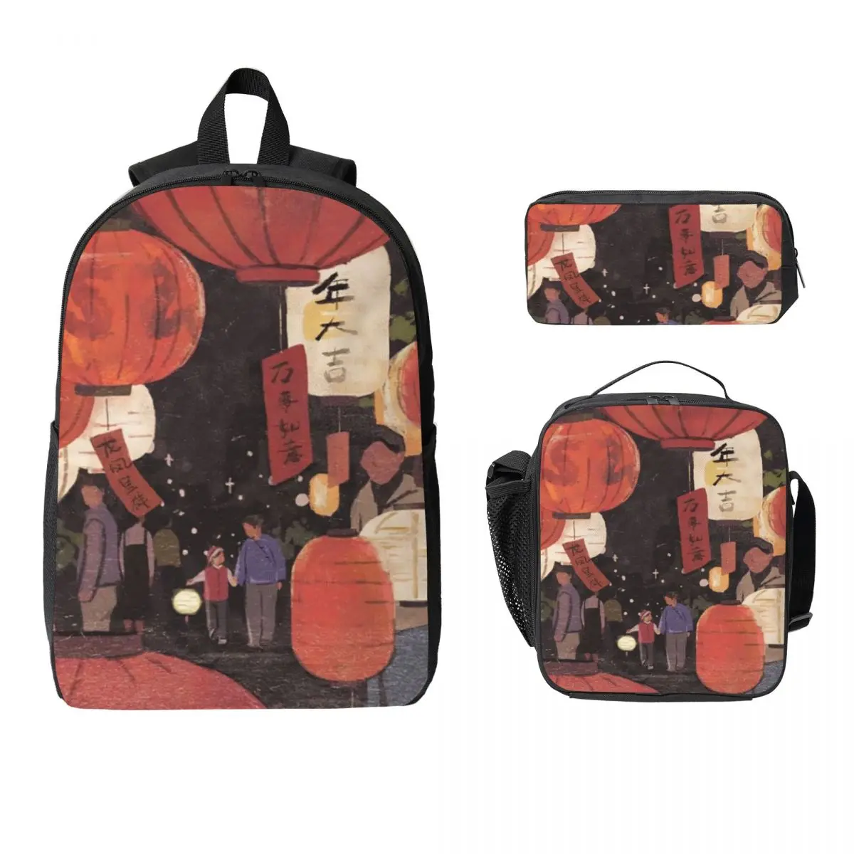 Traditional Chinese Lantern Backpack Student BookBag School Bag Computer Shoulder Bags 3ps Insulated Lunch Bag Pencil Case