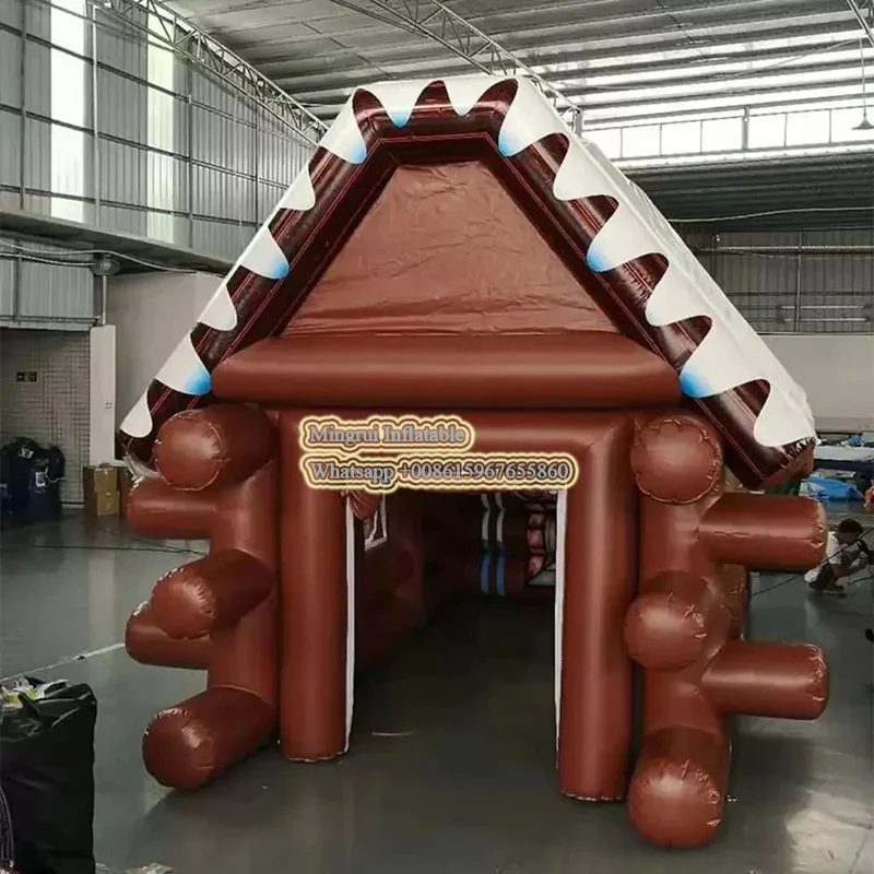 Brown Inflatable log cabin Winter House Cabin Tent With White Roof Outdoor Ski Lodge Irish Pub Bar For Party Event Advertising