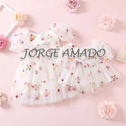 2024 Summer Sister Matching Outfits Strawberry Short Sleeves Bodysuit Birthday Princess Dress Twins Daughter Clothes H4358