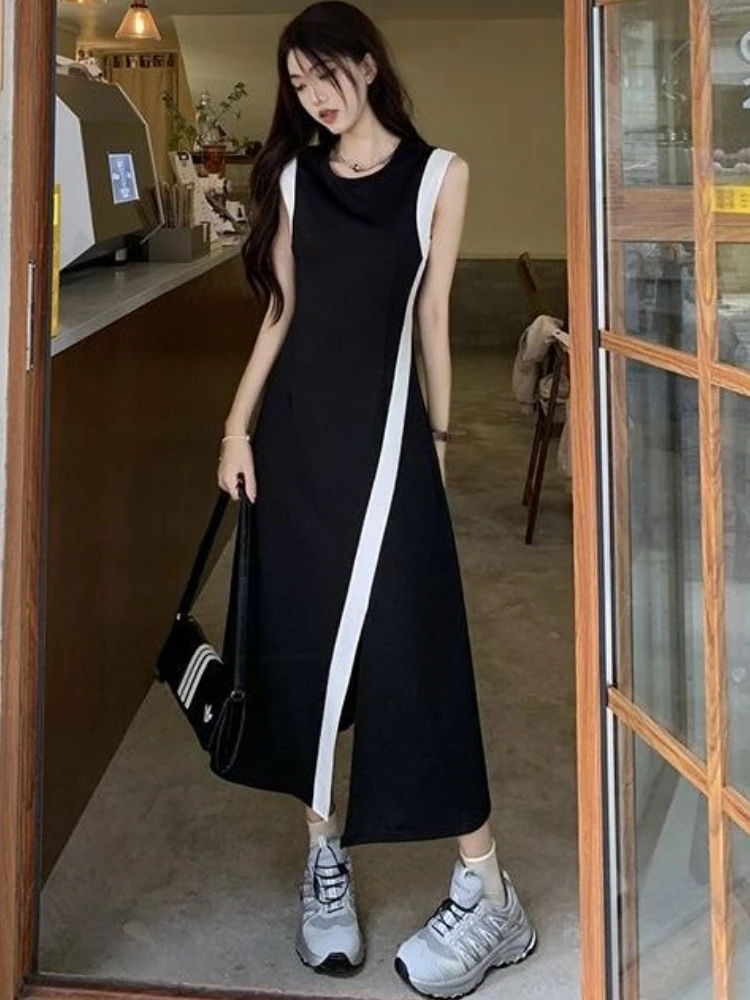 Midi Dresses Women Summer Sleeveless Simple Fashion Sweet Elegant Patchwork Leisure Empire A-line Tender Slit Korean Style Daily