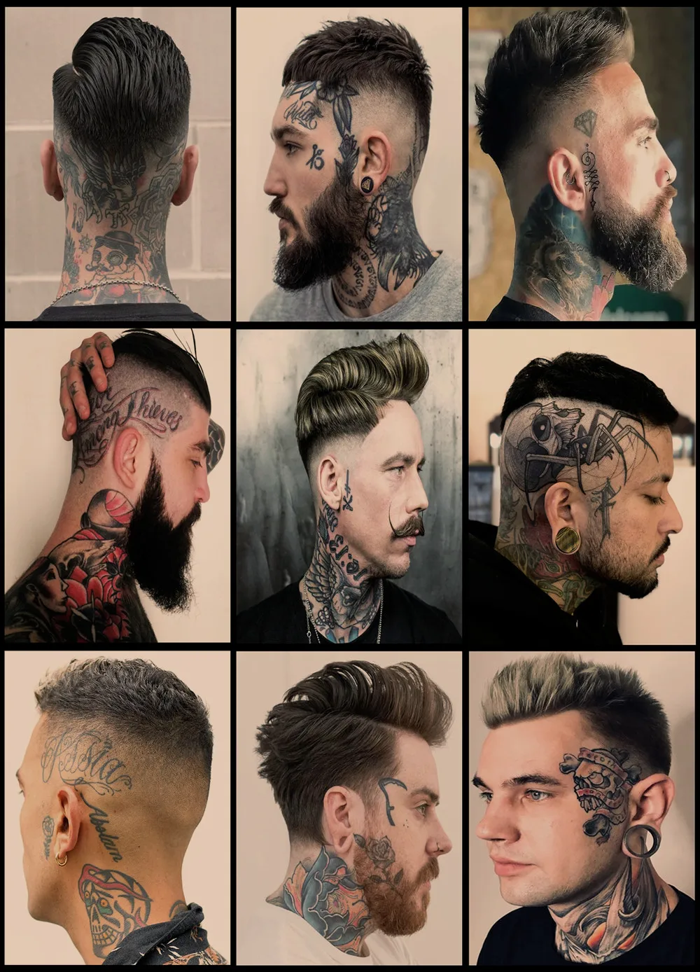 Mens Face and Head Tattoos Hairstyles Poster Wall Charts Barber Shop Wall Decor Haircut & Shave Vintage Kraft Paper Sticker