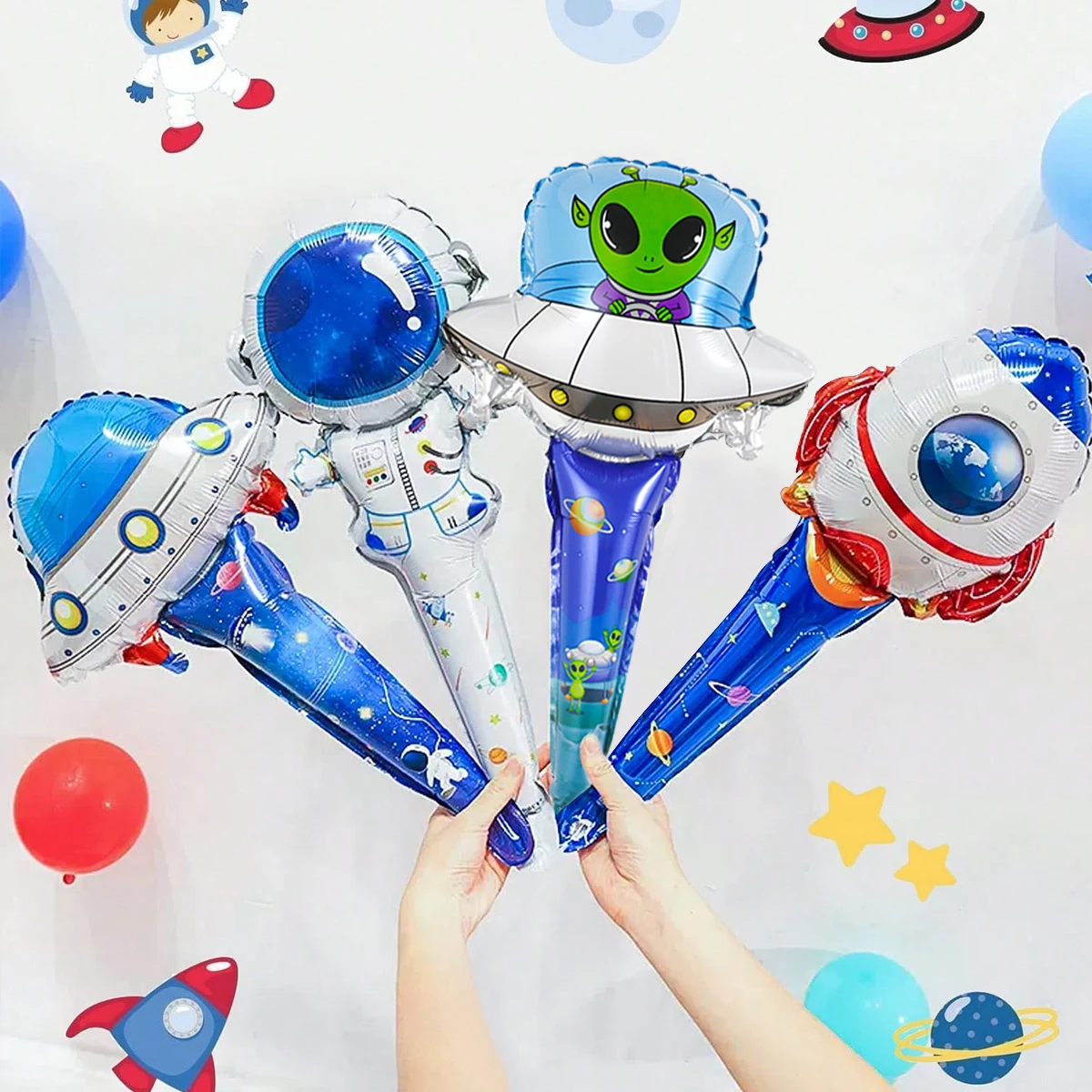 4pcs space themed astronauts, UFO handheld aluminum film balloons, suitable for birthday space themes, outdoor event decorations