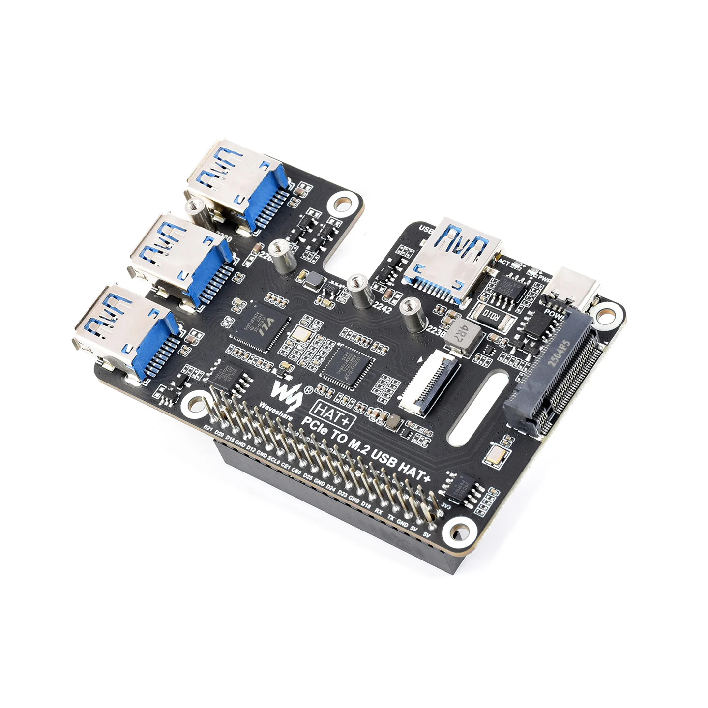 Waveshare PCIe To USB 3.2 Gen1 And M.2 HAT For Raspberry Pi 5, Supports NVMe Protocol Solid State Drive, High-speed Reading