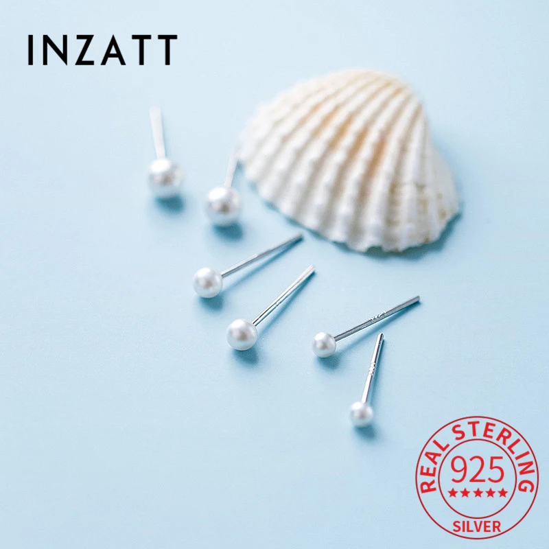 INZATT Real 925 Sterling Silver Pearl Bead Stud Earrings for Women Classic Fine Jewelry Minimalist Accessories Puncture Ear Hole