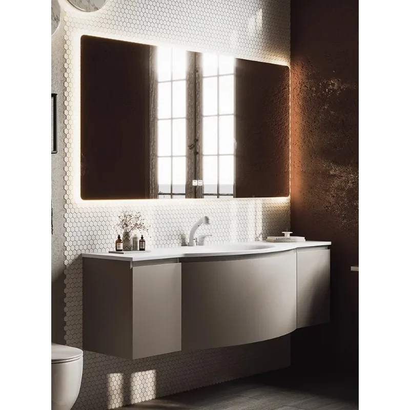 Modern simple cream wind bathroom cabinet combination arc special-shaped rock slab hot bending integrated basin