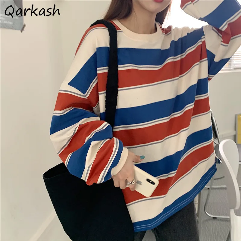 

No Hat Hoodies Women Ulzzang Fashion Newly Simple Loose Striped Sweatshirts O-neck All-match Leisure Student Vintage Autumn Chic