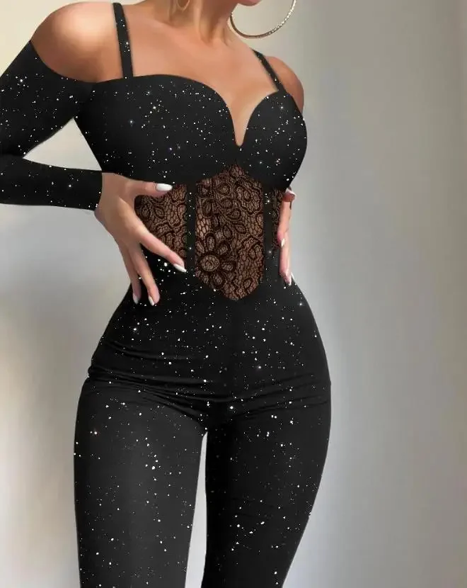 

Sexy Party Night Out Jumpsuit Women Elegance 2024 Plain Glitter Cold Shoulder Long Sleeve Contrast Lace Corset Skinny Jumpsuit