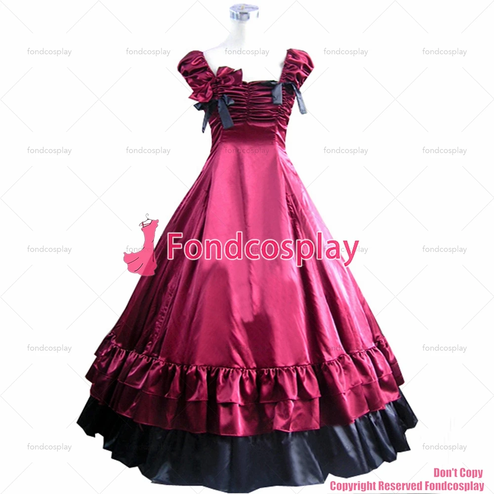 fondcosplay Gothic Lolita Punk Medieval Gown Crimson dark red satin Ball Long Evening Dress black skirt CD/TV[CK1376]