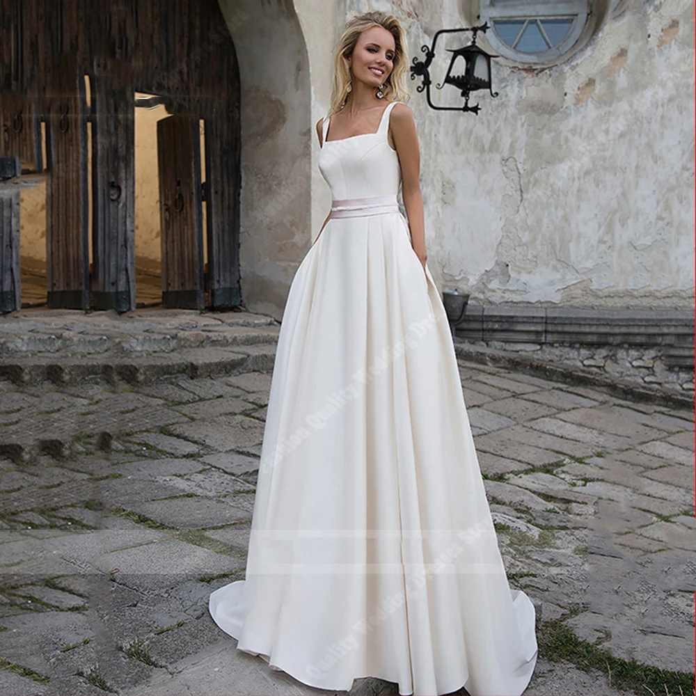 Simple Satin Fabric Women Wedding Dresses Sexy A-Line Bridal Gowns Handmade Mopping Length Customized Design Vestidos De Novia