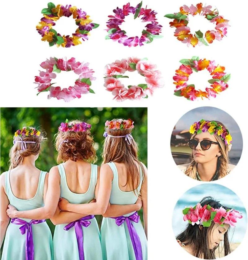 6PCS  Hawaiian Garlands Headband Tropical Hawaiian Flower Headdress Garlands, Summer Beach Pool Party Decorations