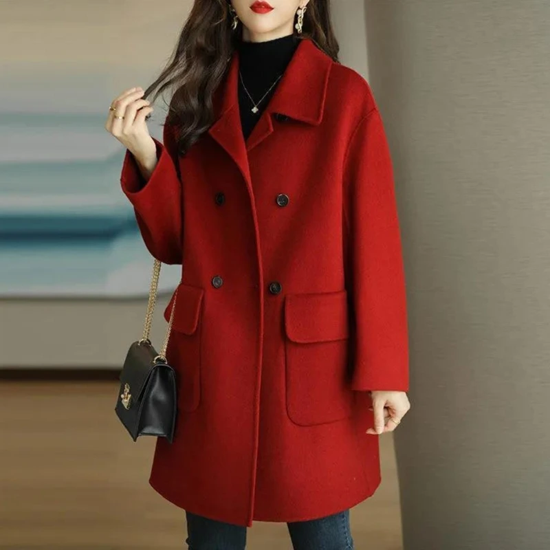 Womens Winter Overcoat Middle-Long Lapel Collar Woolen Coat Outerwear Warm Lady Overcoats Button Down - Image 5