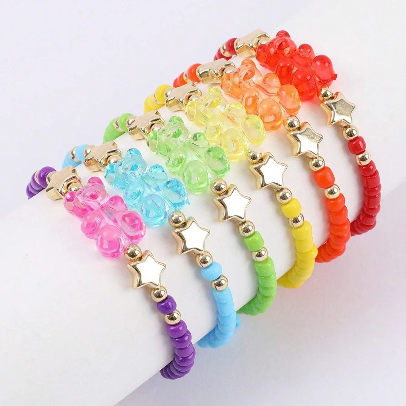 Obega 6 PCS Little Bear Multicolor Bead Charm Bracelet Set Women's Read Yellow Purple Bule Green Orange Cute Daily Wear Jewelry