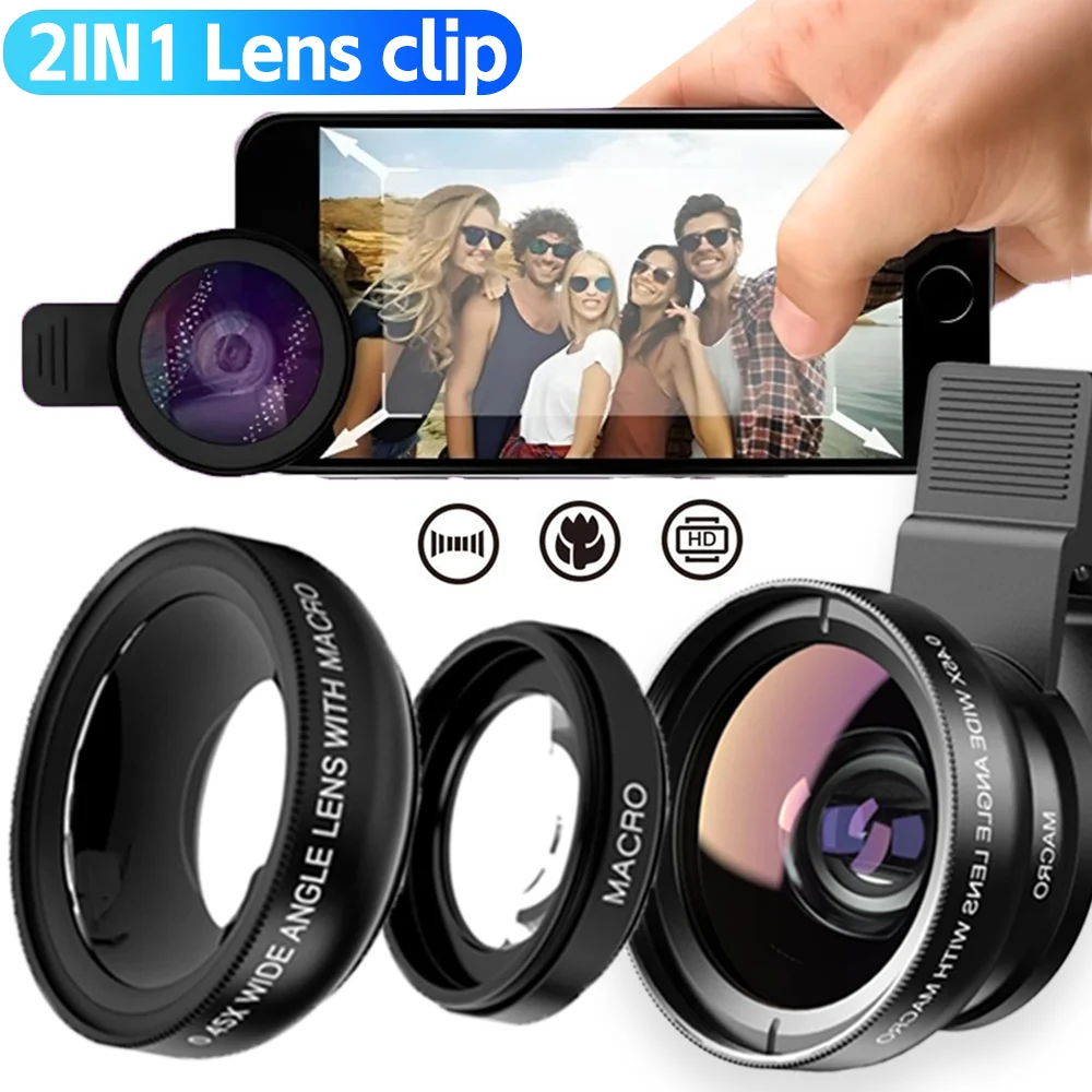 

Универсальный внешний зажим для объектива мобильного телефона 2 в 1, профессиональный широкоугольный объектив 0,45X + 12,5X макро HD для IPhone, Android, Samsung