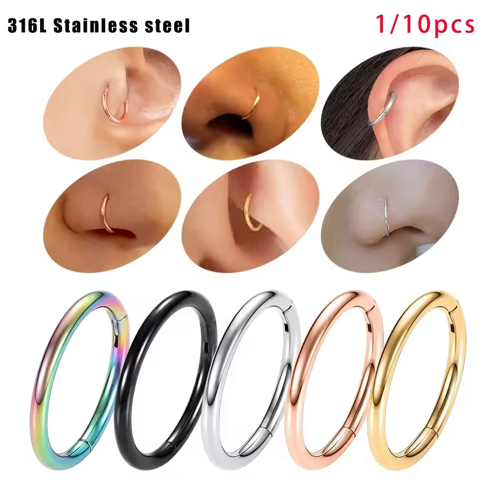 1/10PCS 316L Stainless steel Piercing Nose ring Cartilage Helix Earring Tragus Chic Segment Clicker septum Body Piercing Jewelry