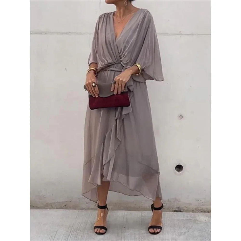 Summer Casual V-Neck Dresses Women Five-Point Bat-Sleeve Loose Fashion Irregular Lace Up Bohemian Office Beach  Elegant Dress