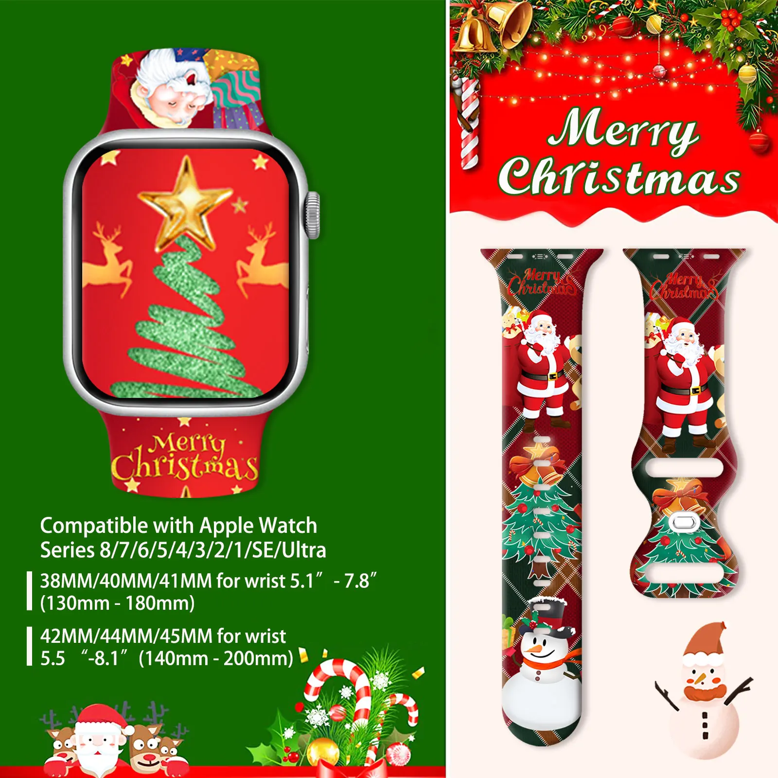 Kerst 6 bedrukte band voor Apple Watch 46 mm 45 mm 42 mm 40 mm 38 mm 49 mm horlogeband vervangbare armband voor iWatch 11 10 9 8 band