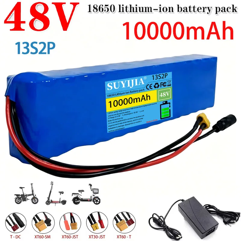 Batterie Au Lithium 48V 10Ah 18650, 13S2P, 1000W, Haute Puissance, Chargeur 48V/54.6V, 10000mAh, BMS + Fusible