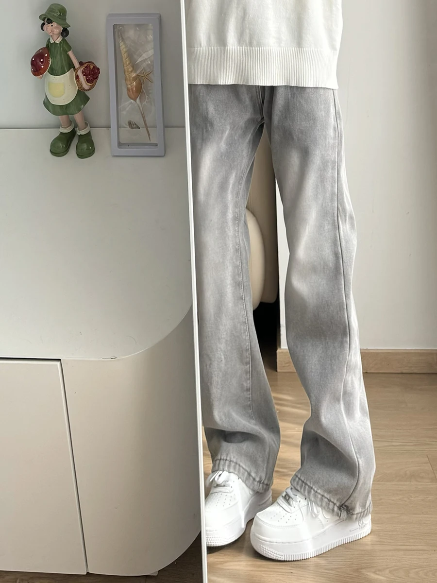 

ay Cement e Flared Jeans Men's American High Street Sle Straight Leg Long Pants Clean Fit Slimming Effect Trendy Teens