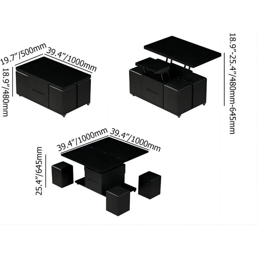 Elevated Coffee Table, 3-in-1 with Hidden Storage Compartment, Modern Folding Center Table with 4 Stools and Casters, Side Table