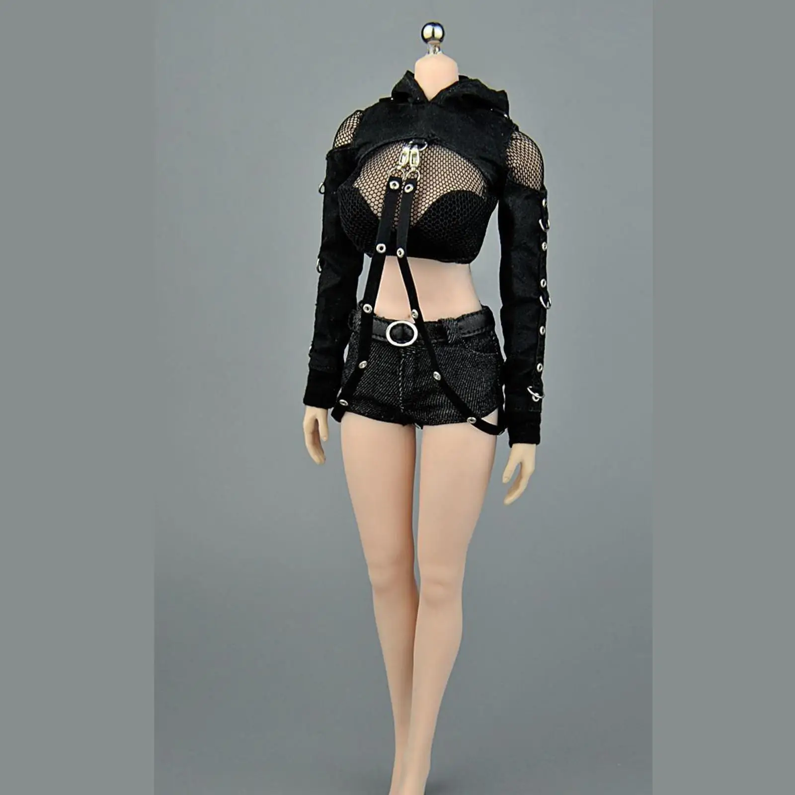 12 Inch Soldier Army Girl Action Figure Clothing for 1/6 Female Model Lace Hollow Top Hooded Shirt Denim Shorts Belt Set