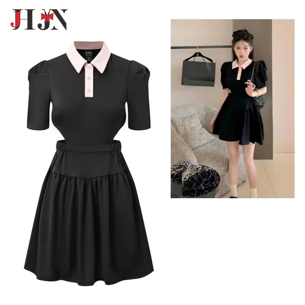 

JHJN 2024 Korean version Women's Dress Simple Loose Lacing Waist Single-breasted Short Sleeve Cotton Shirt Dresses Womenswear