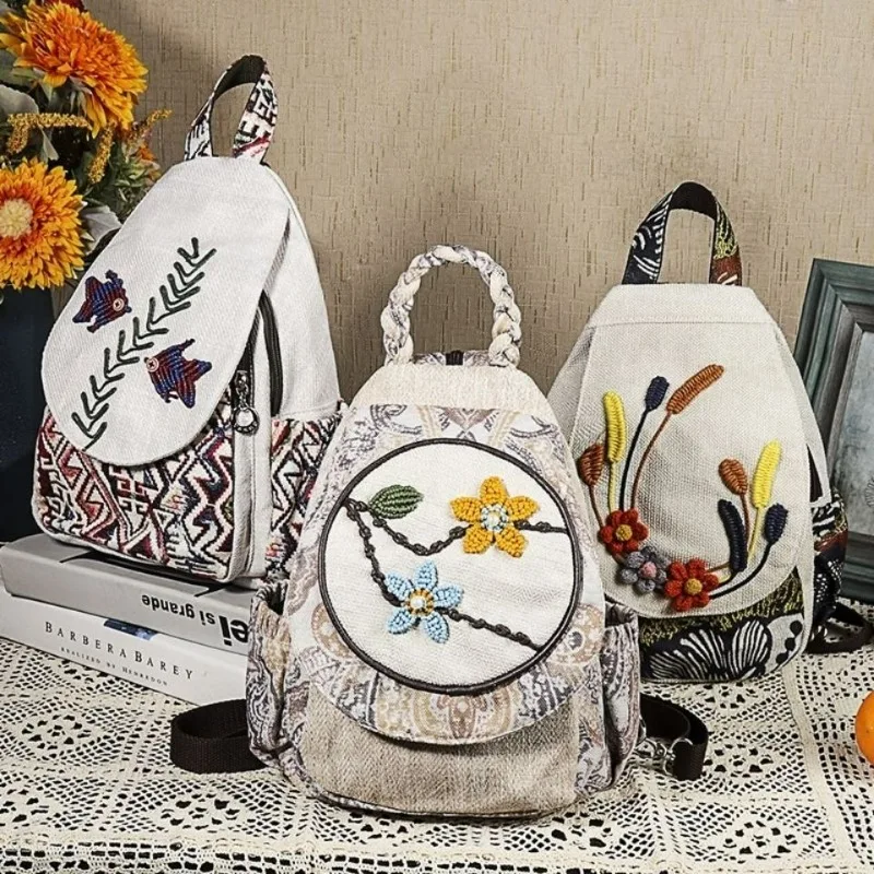 Ethnic Style Cloth Bag Backpack Female Travel Flower Ethnic Style Embroidery Exquisite Simple Personality Retro Casual Fashion