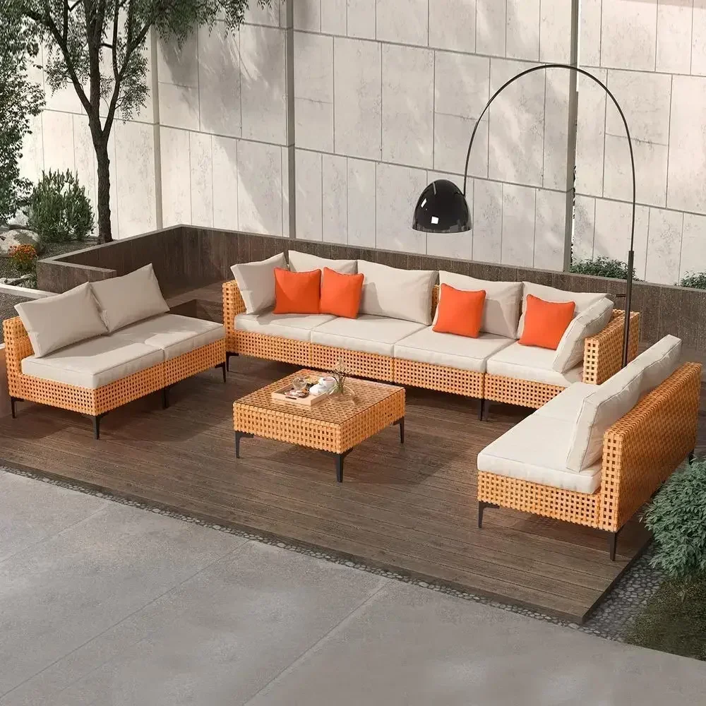 9-Piece Outdoor Patio Furniture Set with Wicker Sectional Sofa, Table, and Sand Cushions (Salmon & Orange Wicker)