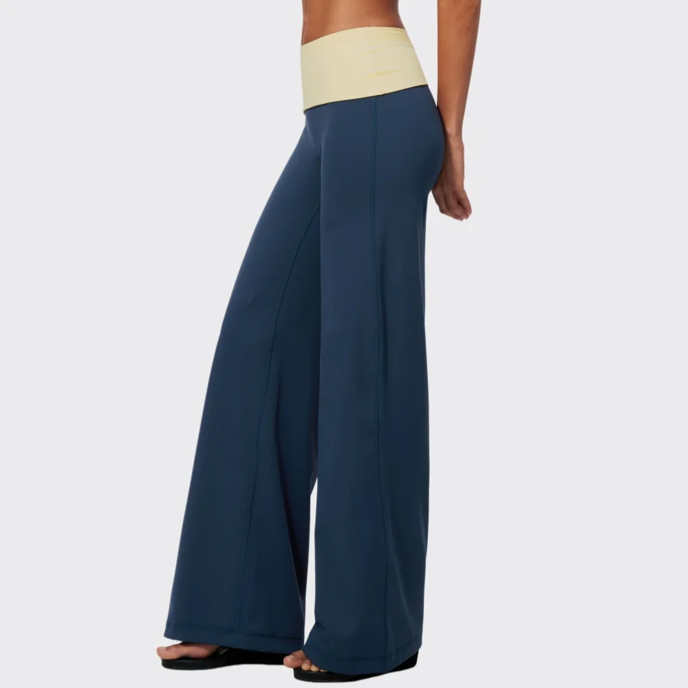 Women Foldover Band Yoga Pants Fitness Trousers Running Workout Gym Push Up High Waist Wide Leg Pants Bell Bottoms Butt Lifting