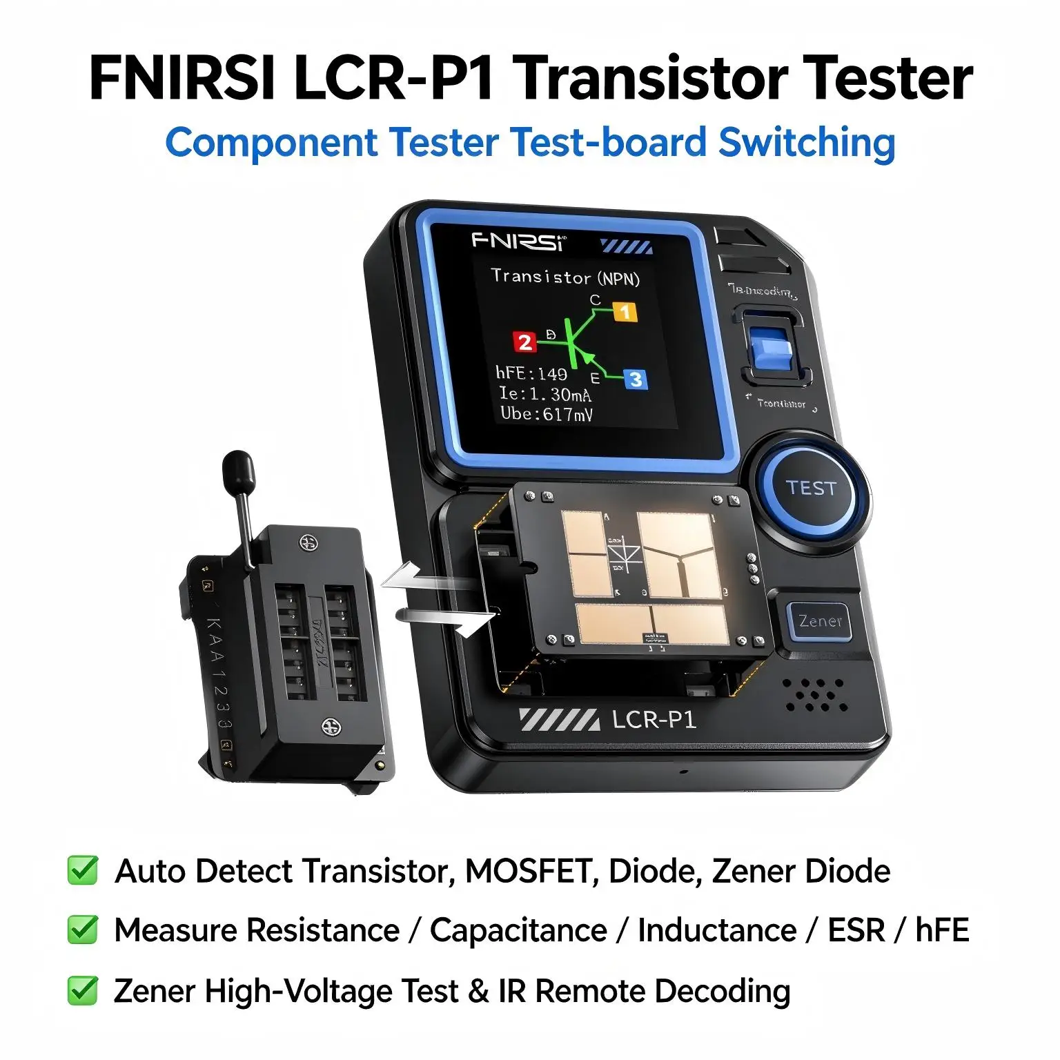 LCR-P1 Transistor Tester Kit SMD Test Board & Hooks MOSFET Diode Zener 32V Capacitor ESR Meter Auto Identify for Repair DIY