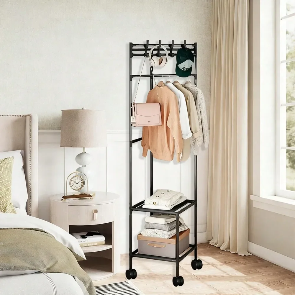

Стойка для одежды на колесиках, отдельно стоящая вешалка для одежды с 3 металлическими полками для подвешивания одежды, портативная вешалка для небольшой комнаты, спальни