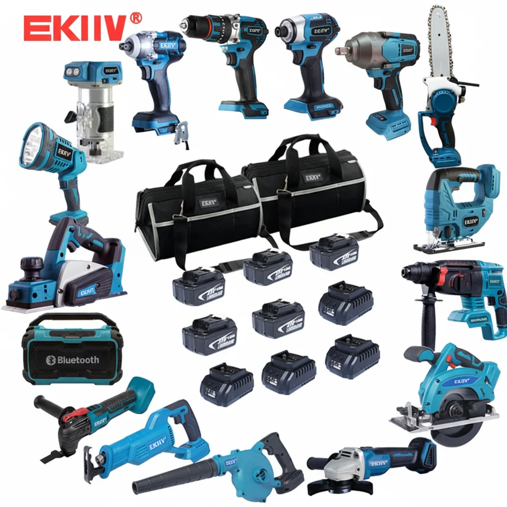 EKIIV 21V Brushless Cordless Combo Kit 16-Tool Set with 4.0Ah Lithium Batteries Chainsaw and 650Nm Impact Wrench