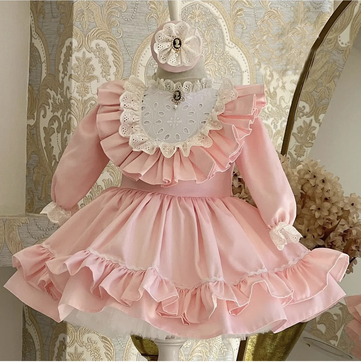0-12Y Baby Girl  Autumn Pink Turkish Vintage Princess Dress for Birthday Photography Holiday Eid Casual  C89