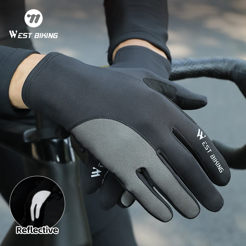 

WEST BIKING Reflective Cycling Gloves Touch Screen Spring Autumn Full Finger Gloves Anti-slip Breathable MTB Road Bike Gloves