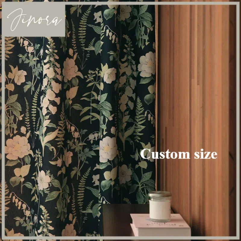 

Dark Blue Plant Print Pastoral Style Thickened Blackout Curtains Customized Finished Product For Living Room Bedroom Balcony