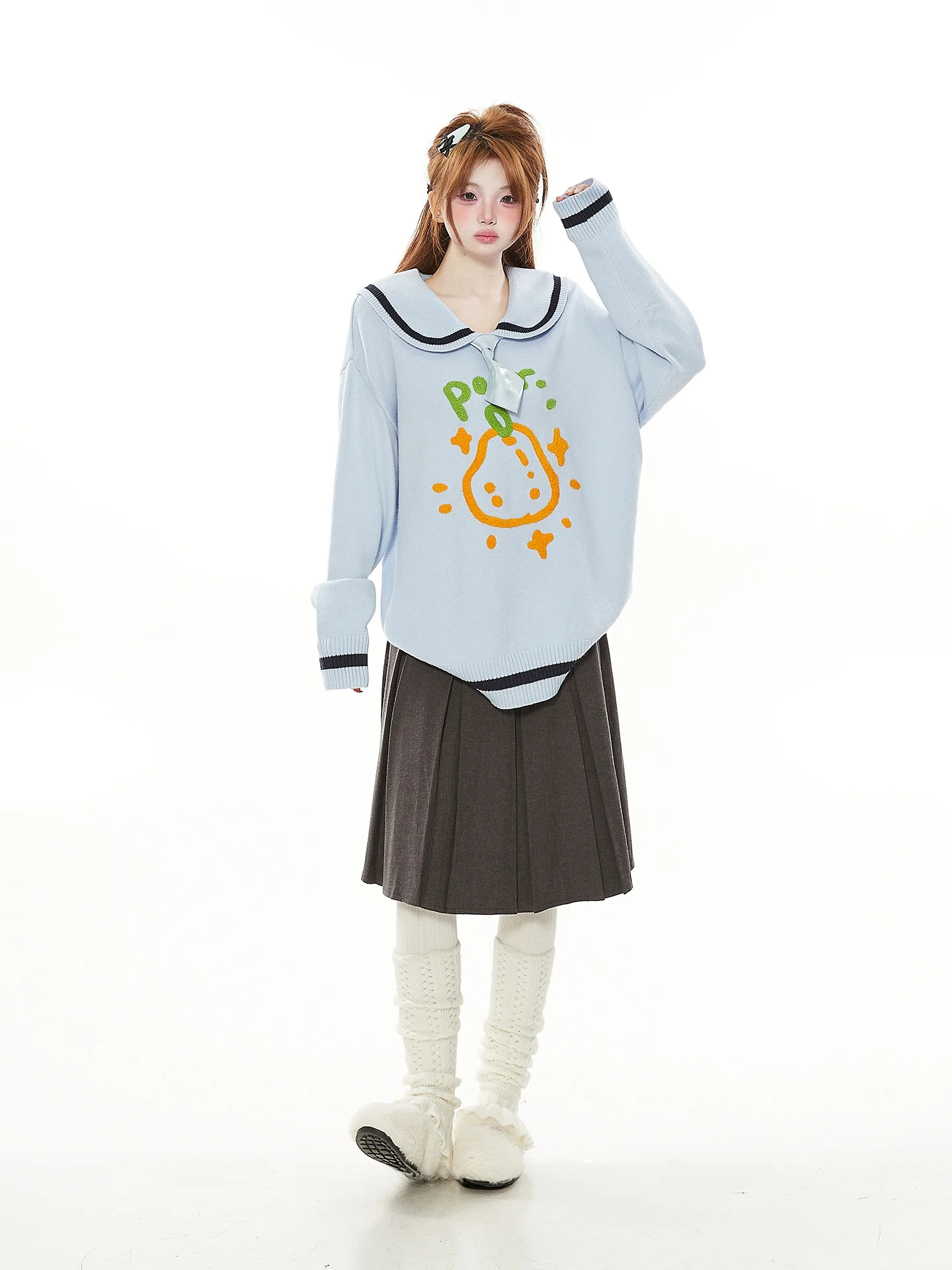 

Casual Sle Women's Knitted Sweater with Navy Collar Fruit Embroidery And Bow Tie Preppy Spring Autumn College Sle Top