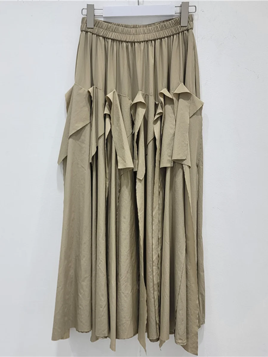 GALCAUR Solid Loose Spliced Folds A Line Skirt for Women Patchwork Elastic Waist Elehamt Skirts Female Fashion New Style 2026