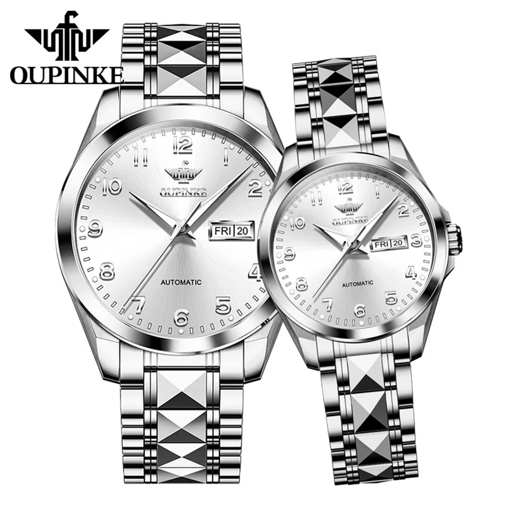 OUPINKE Couple Watches Casual Fashion Original Automatic Mechanical Wristwatch Leather Gift Box Waterproof Luminous Sapphire