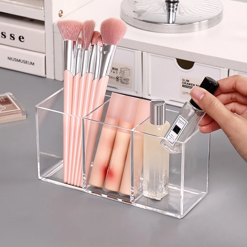 3 Grids Makeup Brush Organizer Storage Transparent Lipstick Nail Polish Display Stand Holder Desk Stationery Pen Holder