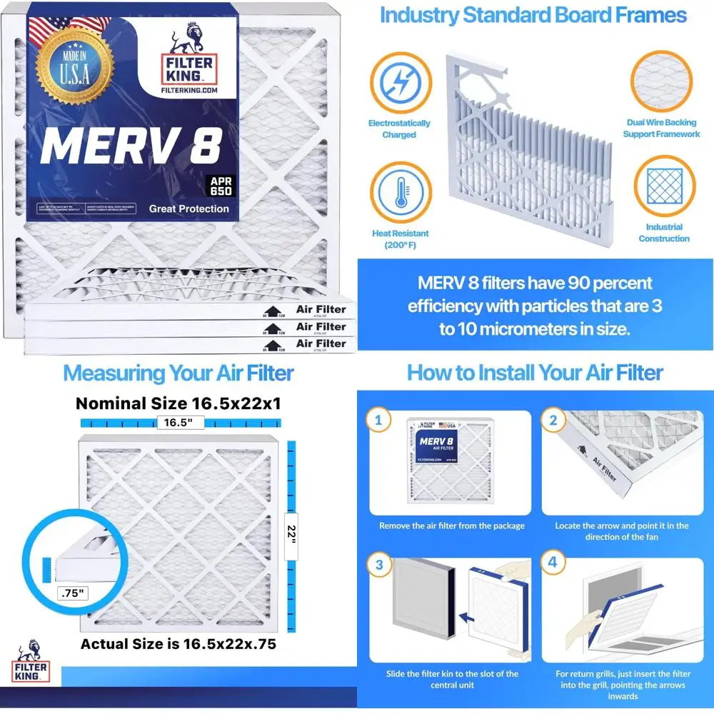 

Merv 8 Pleated Air Filters 16.5x22x1 Inch 6 Pack HVAC A/C Furnace Replacement Filters Made in USA Actual Size 16.5x22x0.75