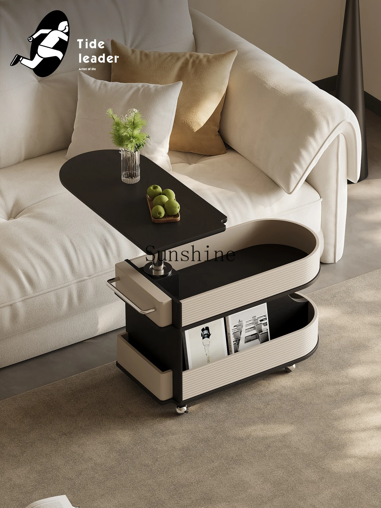 Italian minimalist movable coffee table with wheels small apartment rotating lift sofa side cabinet