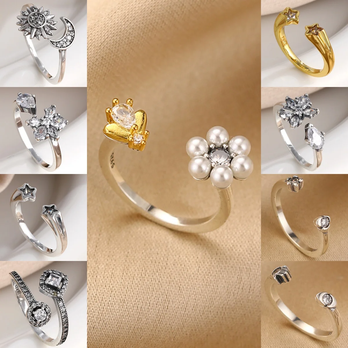 European New 925 Silver Size 6, 8, Adjustable ring featuring stars, moon, bees, flower Fit Women's Exquisite Luxury