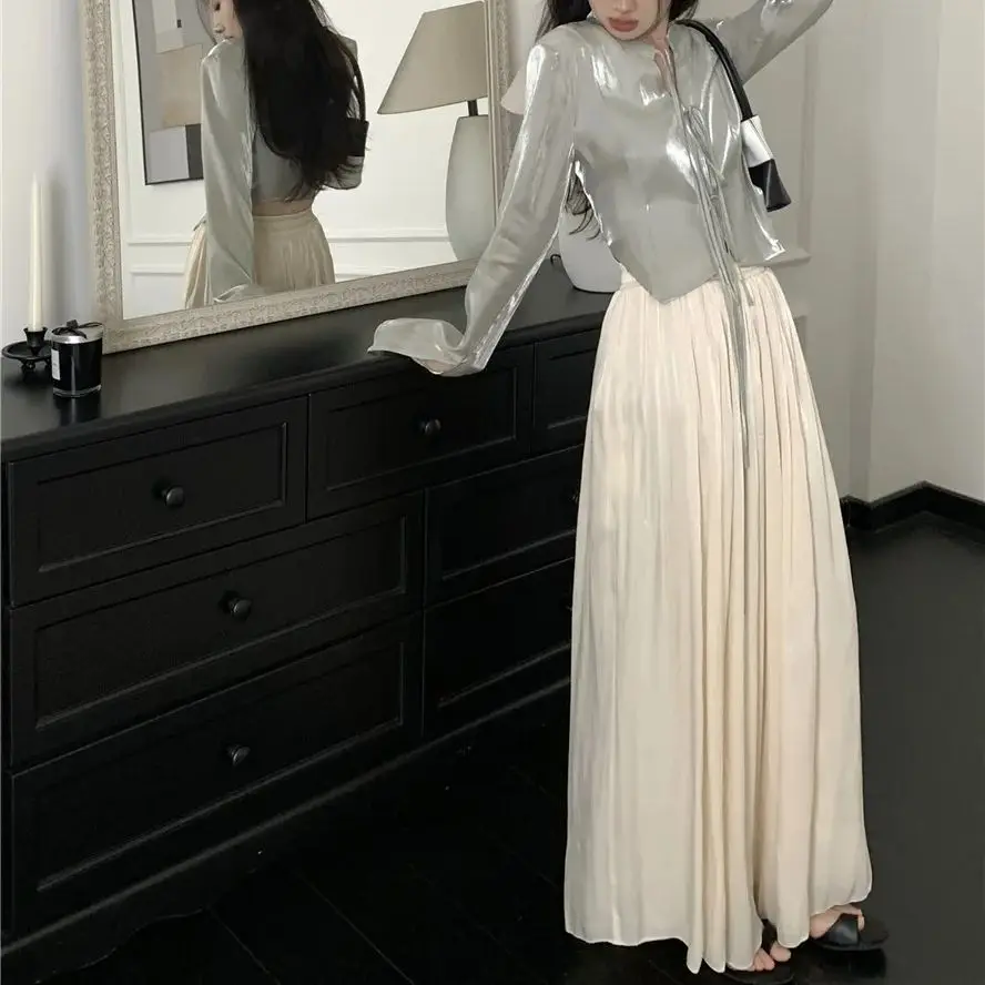 Chinese Style 20024 new Chinese satin long-sleeved lace-up shirt top drapey high-waist pants wide-leg pants suit