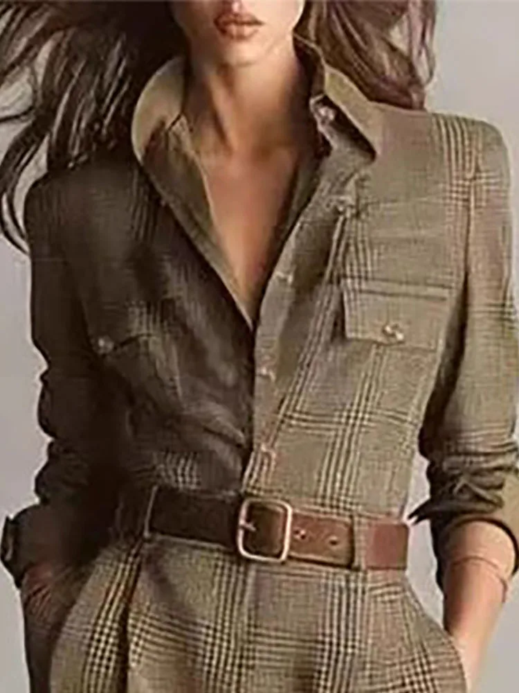 

Vintage Lapel Grid Printed Jumpsuits Casual High Waist Long Sleeve Party Playsuits Elegant Lady Single Breasted Pocket Rompers