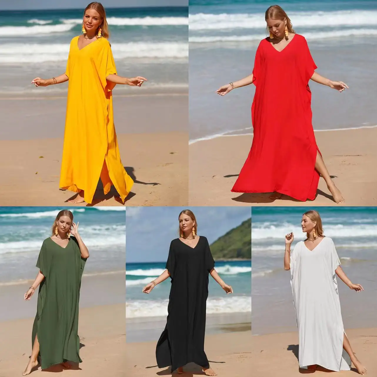 Solid Blue Plus Size Long Kaftan Casual V-neck Robe Summer Maxi Dress Woman Clothing Beach Wear Swim Suit Cover Up Bikini jacket