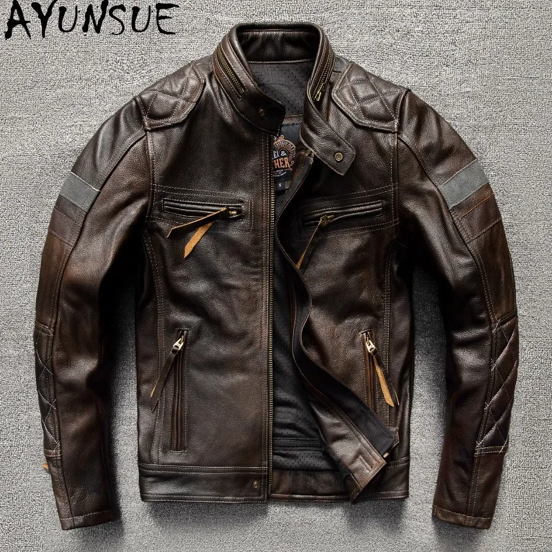 AYUNSUE Heavy Top Layer Cowhide Real Leather Coat Man High Quality 100% Genuine Leather Jacket Men Vintage Clothes Motorcycle